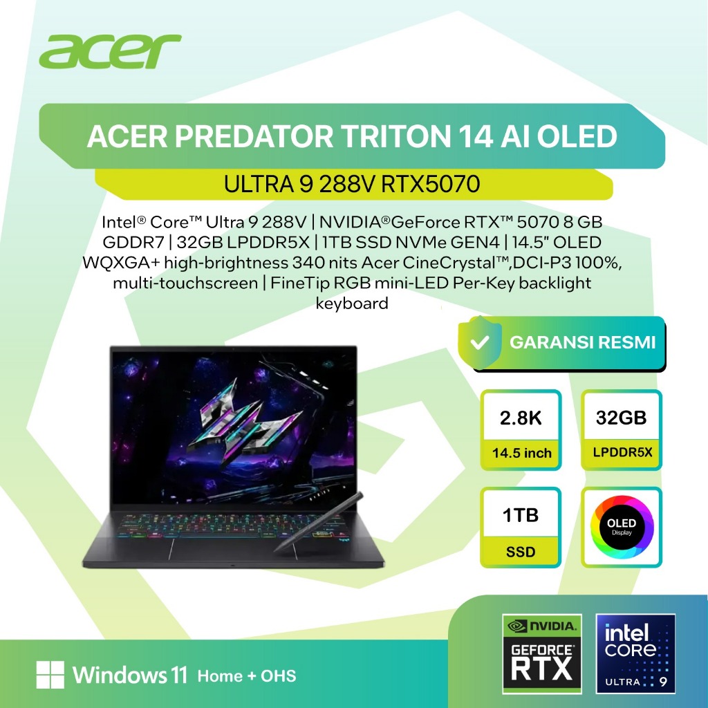 ACER PREDATOR TRITON 14 AI OLED ULTRA 9 288V RTX5070 8GB/ 32GB 1TB W11+OHS 14.5 2.8K 120HZ PKRGB 3Y+