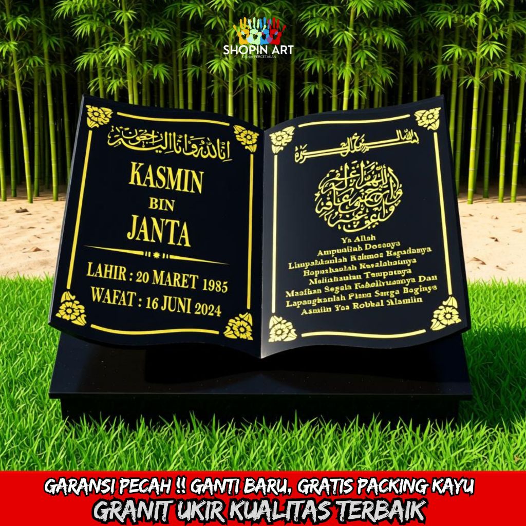 SHOPIN.ART - Batu nisan makam kuburan  full dudukan ukuran 30x40 model buku Ukiran Nama Tanggal dan 