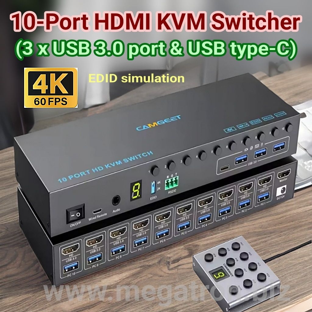 HDMI KVM Switch 10 input - 1 output (10x1) - Support 3 port USB 3.0 (support 4K 60hz)