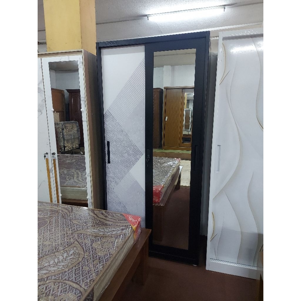 Lemari Pakaian Besi 2 Pintu Sliding Cermin - Rak Baju Pintu Geser - Wardrobe