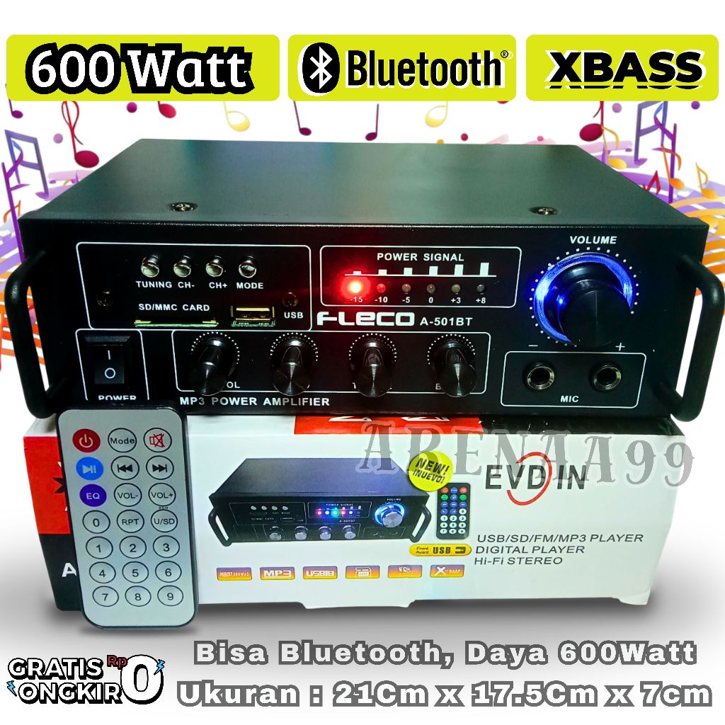 AMPLIFIER BLUETOOTH AUDIO FLECO A-501BT BASS + TREBEL + BLUETOOTH + BISA INPUT MIC + USB / PLESDIS +