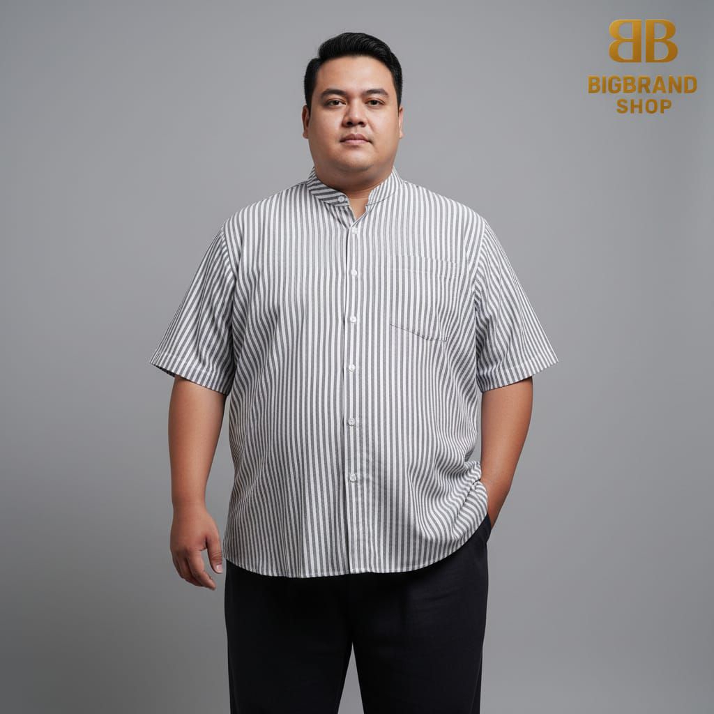 BIGBRAND Kemeja Pria Kerah Shanghai Jumbo Lengan Pendek Salur Stripe Garis garis Big Size Premium