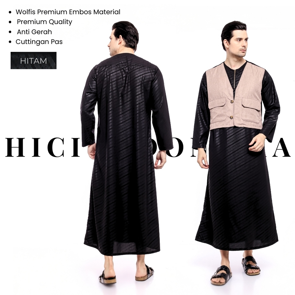 Hici Jubah Pria Muslim Remaja Dewasa Lengan Panjang Model Gamis Rompi Motif Embos