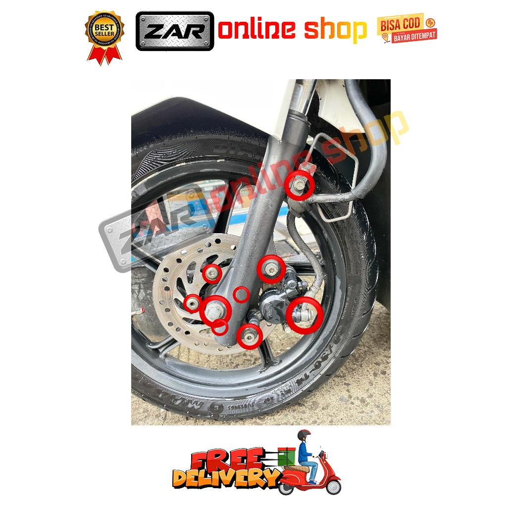 BAUT BREKET + REM + BANJO + AS + DISK KALIPER DEPAN ( 9 BAUT ) BEAT SCOOPY KARBU FI ESP SPACY VARIO 