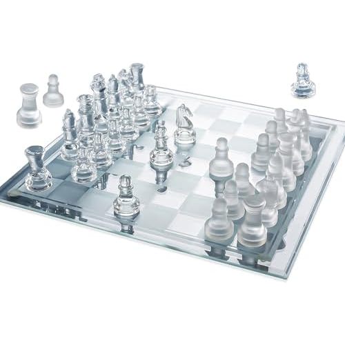 Gamie Premium Glass Chess Set, 14 Inch - Elegant Design - Durable Build