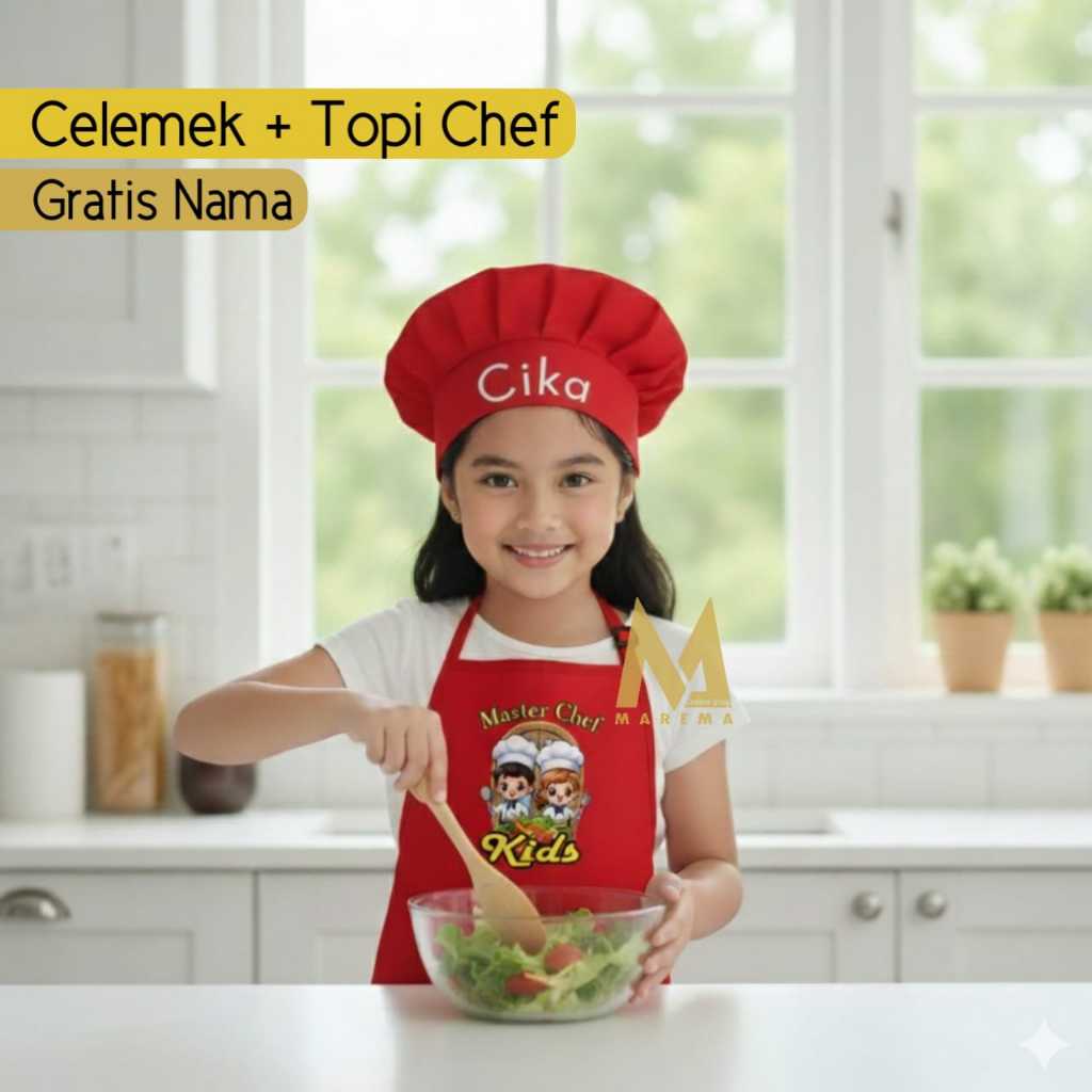 Apron Anak Dan Topi Koki Gratis Nama Sablon DTF Celemek Anak laki laki Dan Perempuan Usia 5 Sampai  