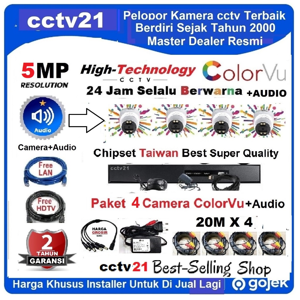 Paket Lengkap 4 Kamera / Camera Colorvu+Audio HighTechnology 5MP Full Color 24Jam Selalu Berwarna +D