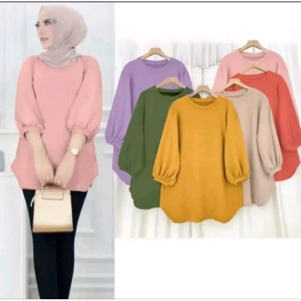 ATASAN LONG TUNIC BLOUSE CASUAL WANITA POLOS LENGAN 3/4 BALON KEKINIAN / BAJU KAOS  ADEM SIZE M L XL