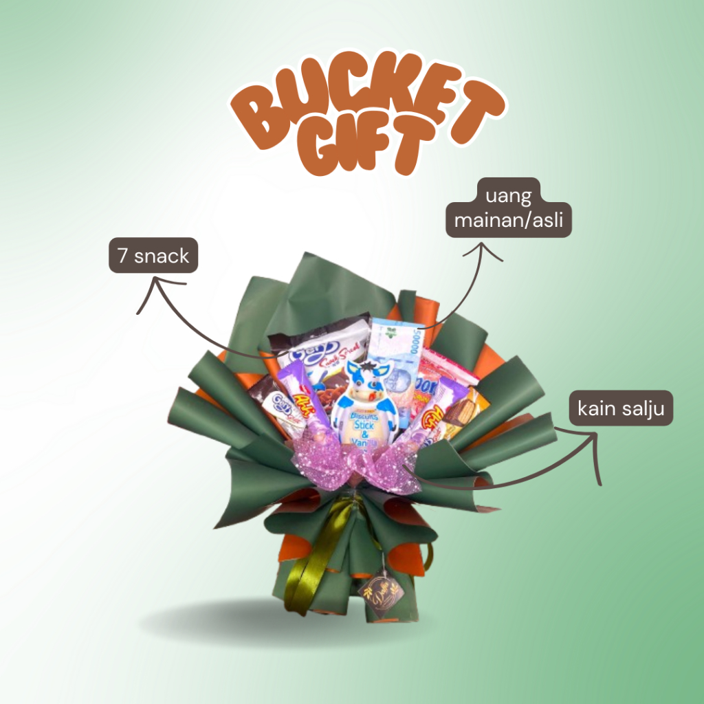 Buket Snack Uang Asli/Replika Kado Ulang Tahun Aesthetic Hijau Tua (7 Pcs Snack)