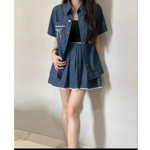 Denim Skort Set / Setelan Wanita / Setelan Rok Celana Denim Wanita 4407 ndudshop