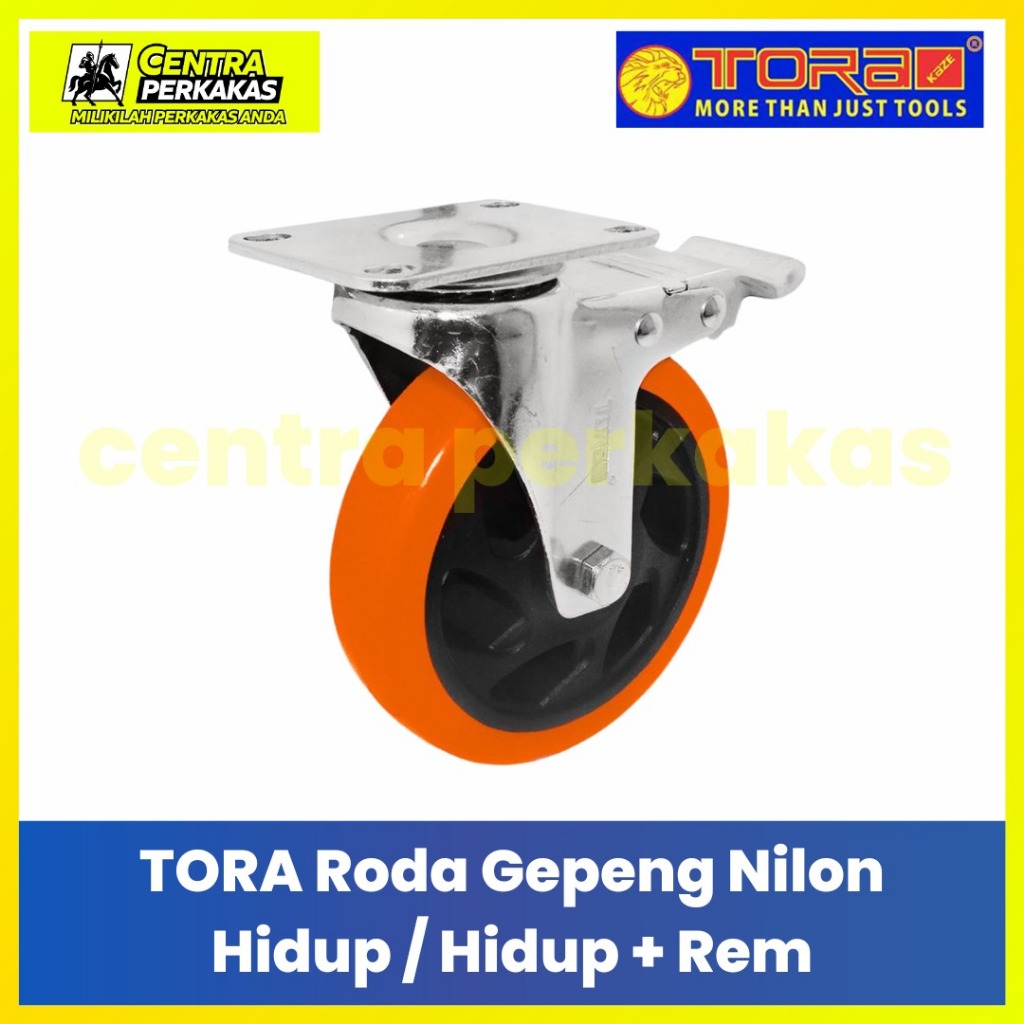 Tora Roda Gepeng Nilon 3"/4"5" Hidup + Rem Orange/ Roda Trolley Barang Oren