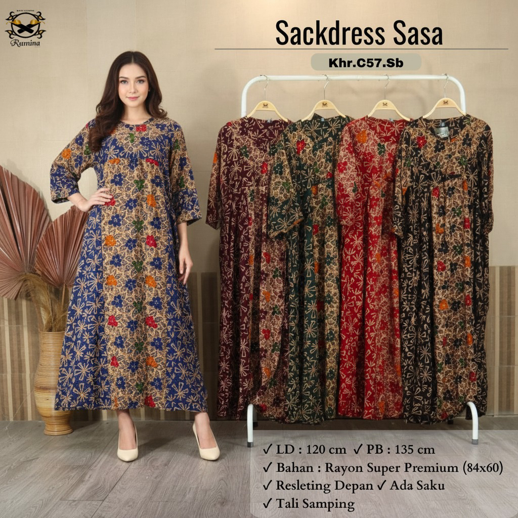 RM (LD 120 PB 135) READY STOK Sackdress SASA CAP SOFT COLET RUMINA BATIK Lengan 7/8 Busui Resleting 