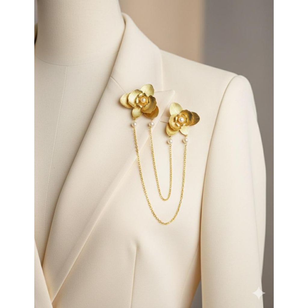 Bros Bunga Emas dengan Rantai Juntai dan Mutiara