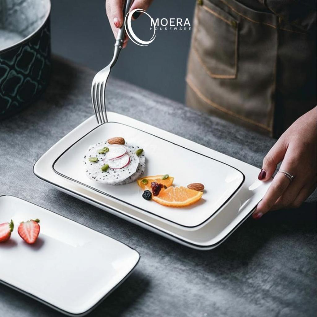 Piring Saji Segi Panjang Lis Hitam Keramik Premium / Piring Segi Saji Restoran JJ-477