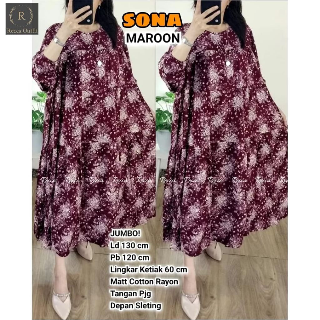SONA TUNIK MIDI JUMBO/LONG TUNIC OVERSIZE/COTTON RAYON PREMIUM RESLETING DEPAN MOTIF BUNGA LD 130 CM