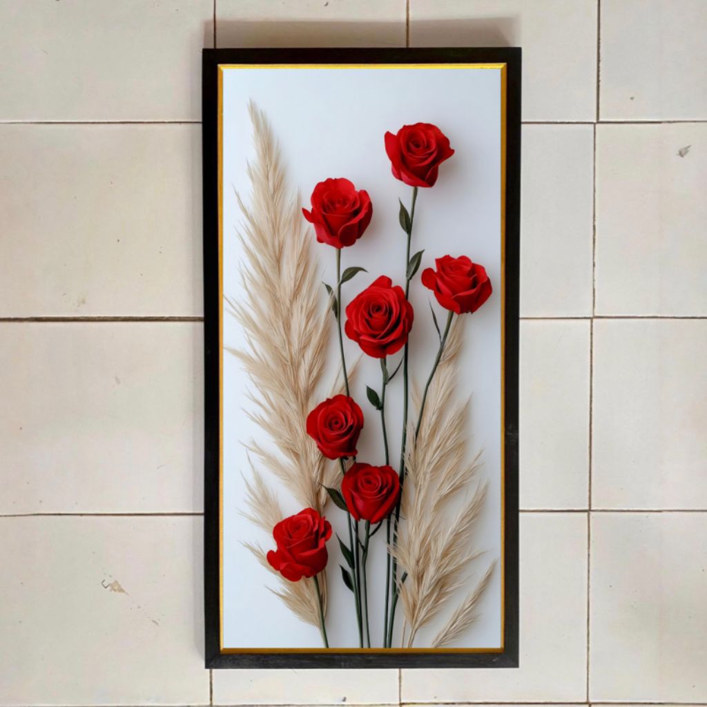 hiasan dinding lukisan cetak plus bingkai ukuran 100x50cm gambar bunga mawar merah cantik dan aesthe