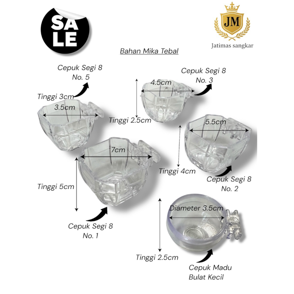 Cepuk mika tebal segi 8 dan madu bulat putih bening