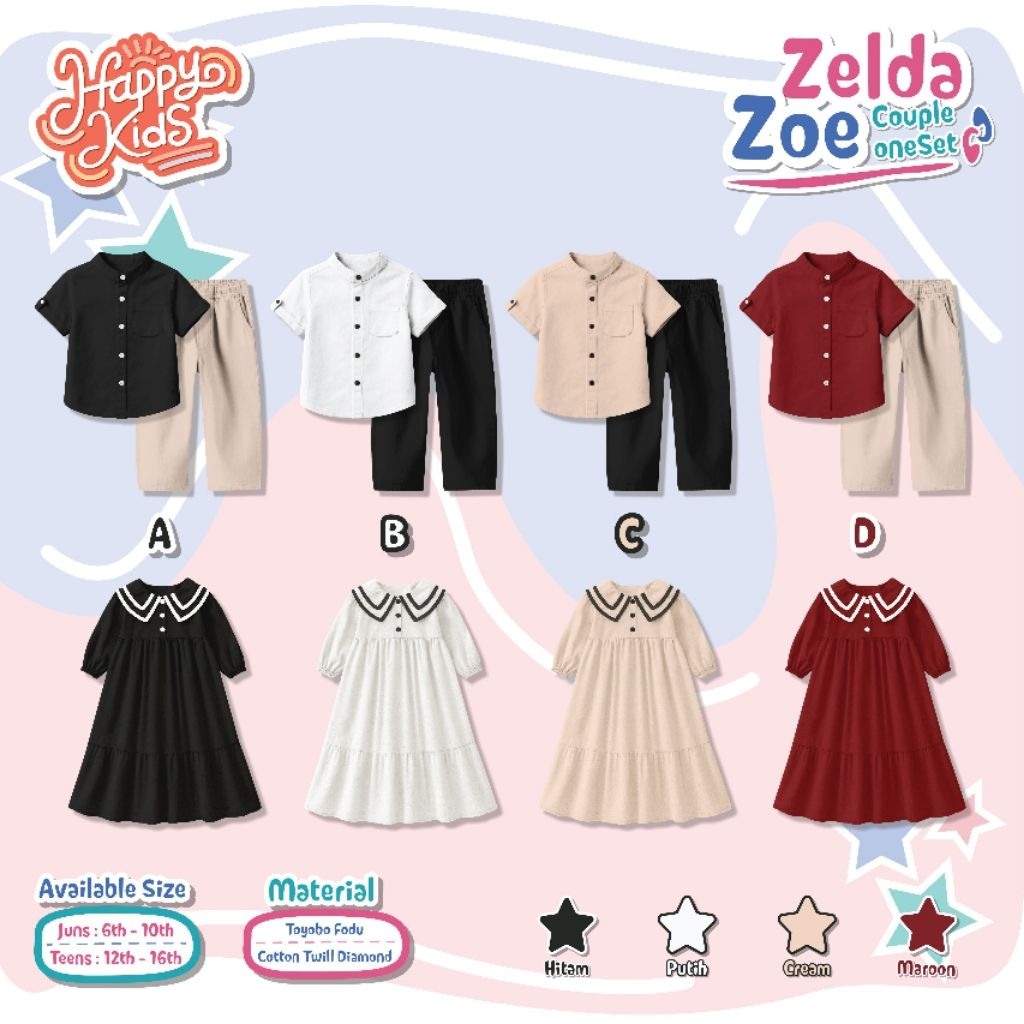 Po‼️ Happy Kids Set Couple Oneset Zelda Zoe 6-16th Gamis Kerah List Set Kemko Chinos Muslim Keluarga