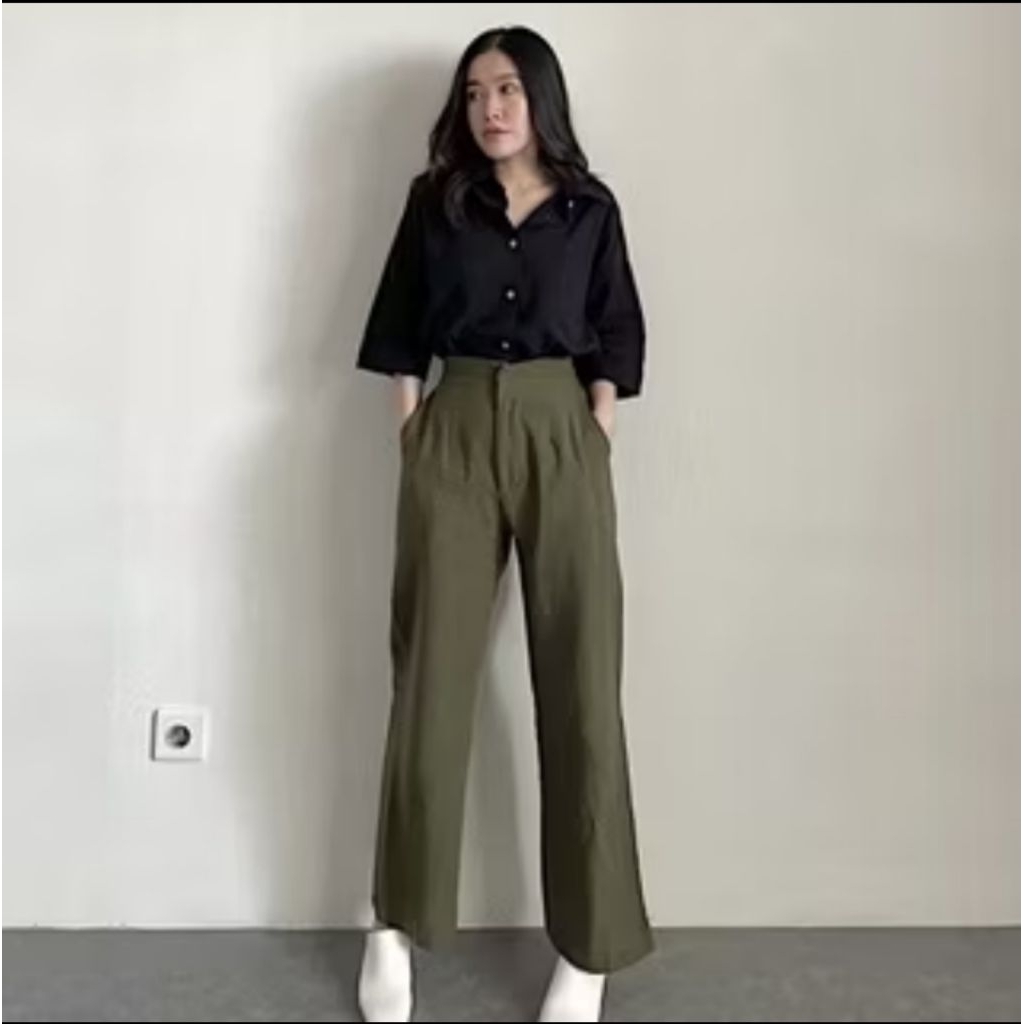 Melissa Kulot - Celana Kulot Linen Crinkle Highwaist- Cullote Pants | Wide Leg Olive