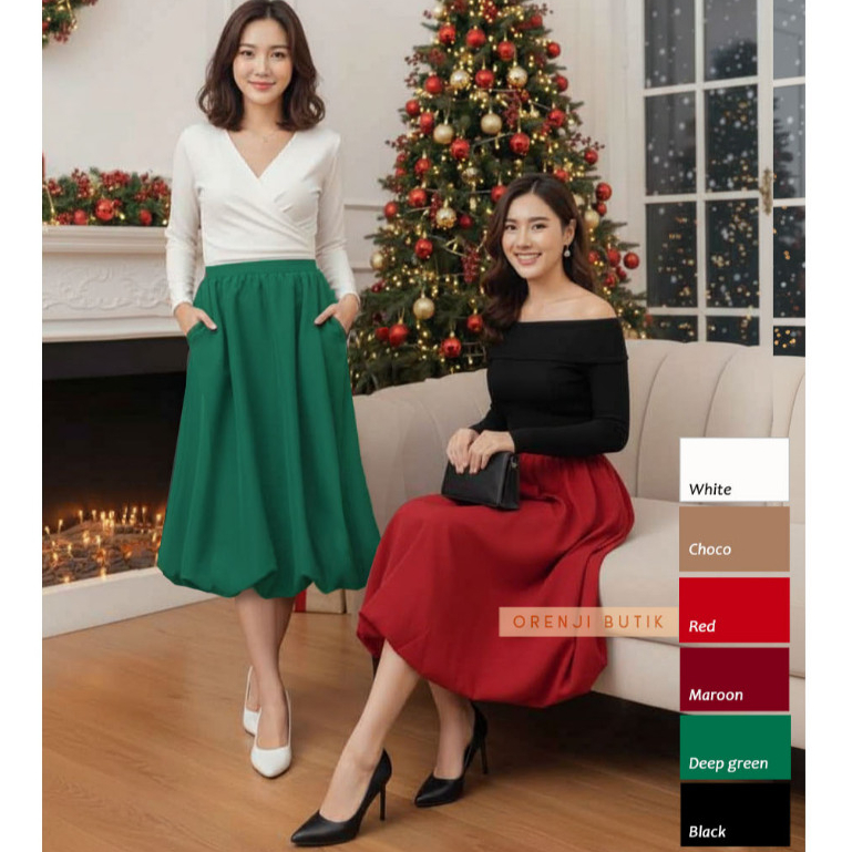 Koleksi baju natal christmas outfit 2025 rok merah rok hijau