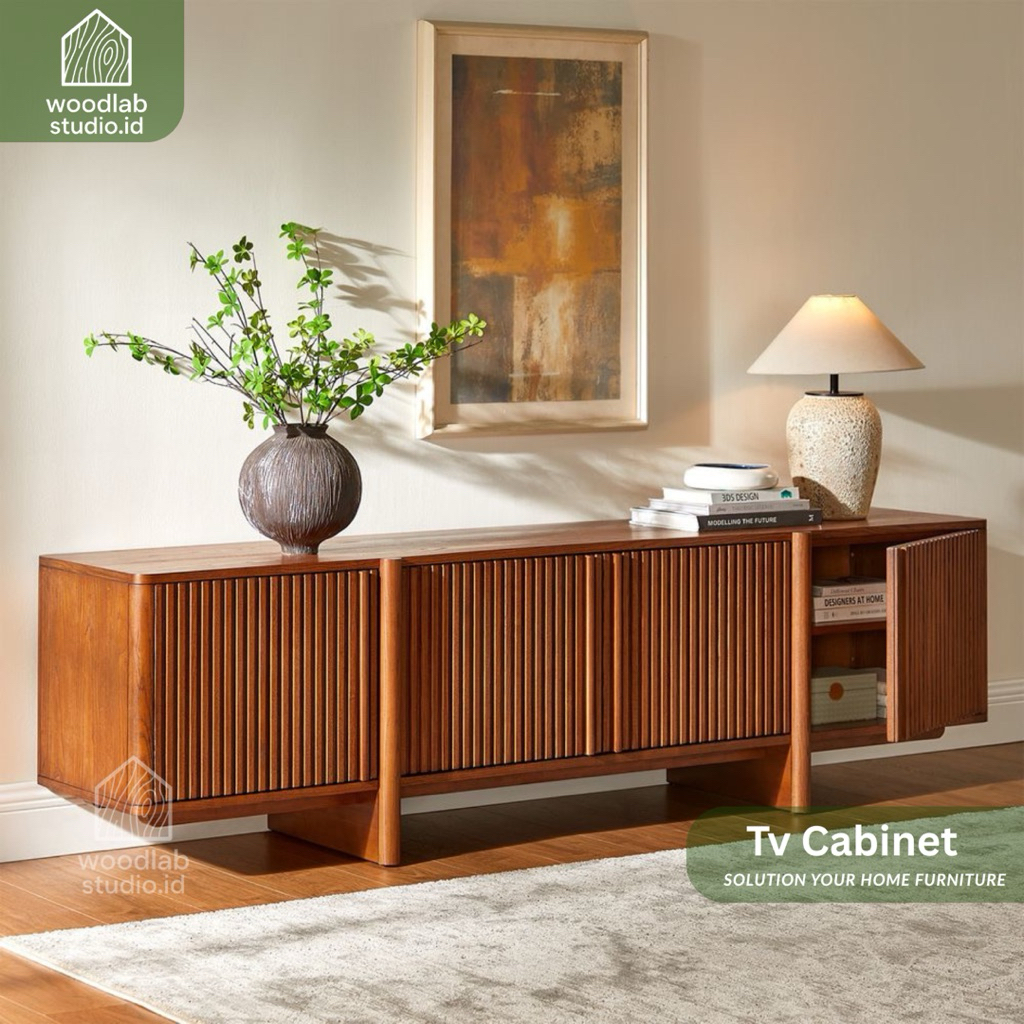 Buffet Tv Kayu Minimalis Panjang Motif Garis | Credenza Japandi Modern | Meja TV & Sideboard Ruang T