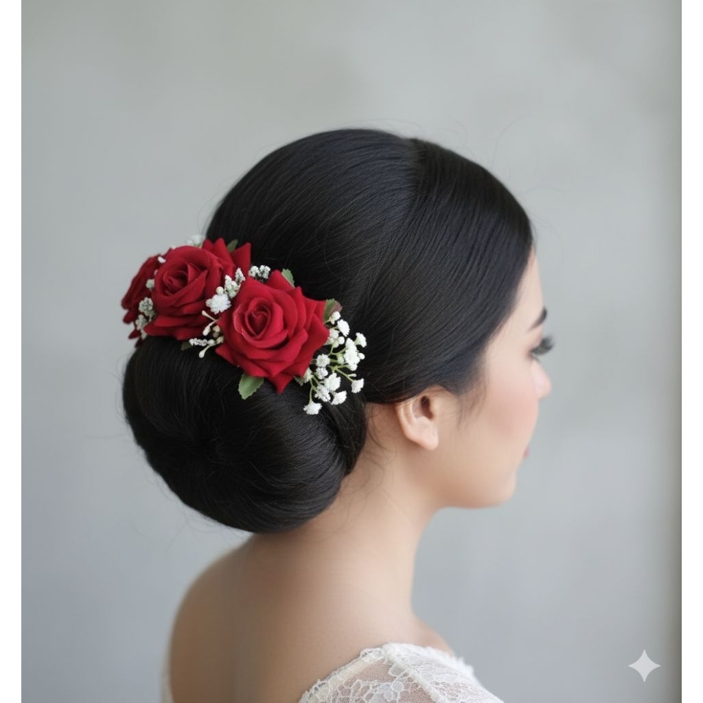 ​Aksesori Sanggul Cepol Bunga Mawar Merah Putih Besar Premium - Hiasan Sanggul Pengantin Wedding Pes