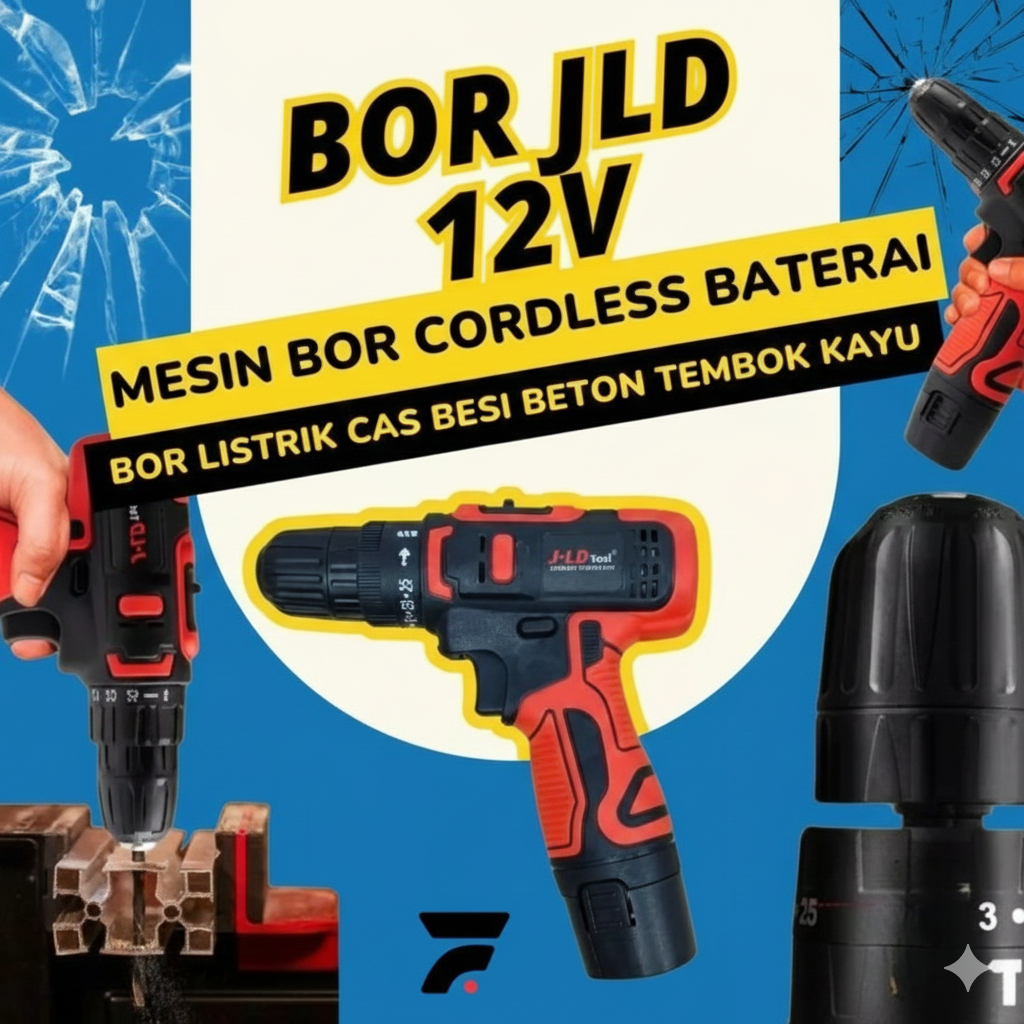 Mesin Bor Portabel Baterai USB Rechargeable Cordless JLD Drill Screwdriver 12V Volt Electric Elektri