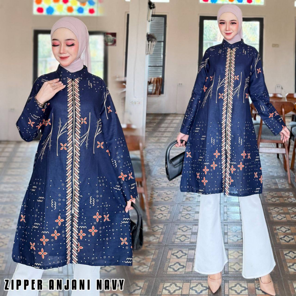 Atasan Batik Muslimah Tunik Releting Zipper Batik Wanita Lengan Panjang Modern Kerja Kantor B2
