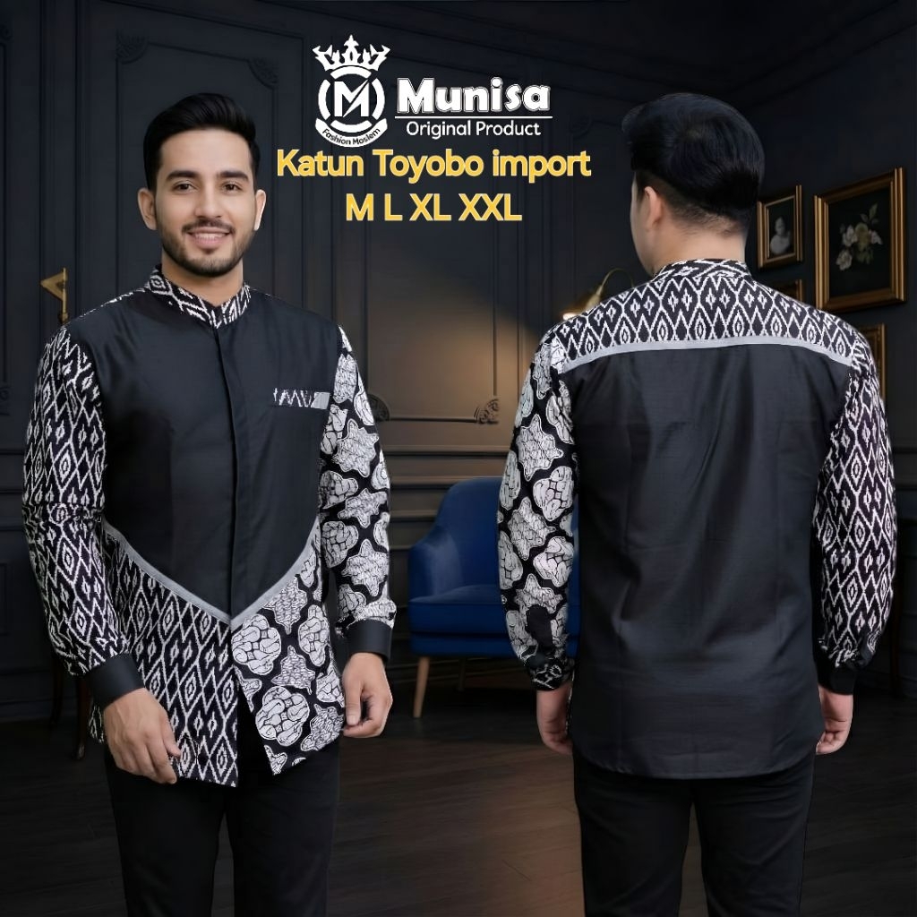 Baju Koko pria lengan panjang/ baju Koko kombinasi batik terbaru/ baju Koko lengan panjang motif M L