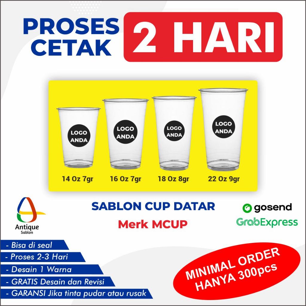 (KURIR SAMEDAY) Sablon Cup Datar Gelas Packaging Plastik PP Custom 12 Oz, 14 Oz, 16 Oz, 18 Oz, 22 Oz