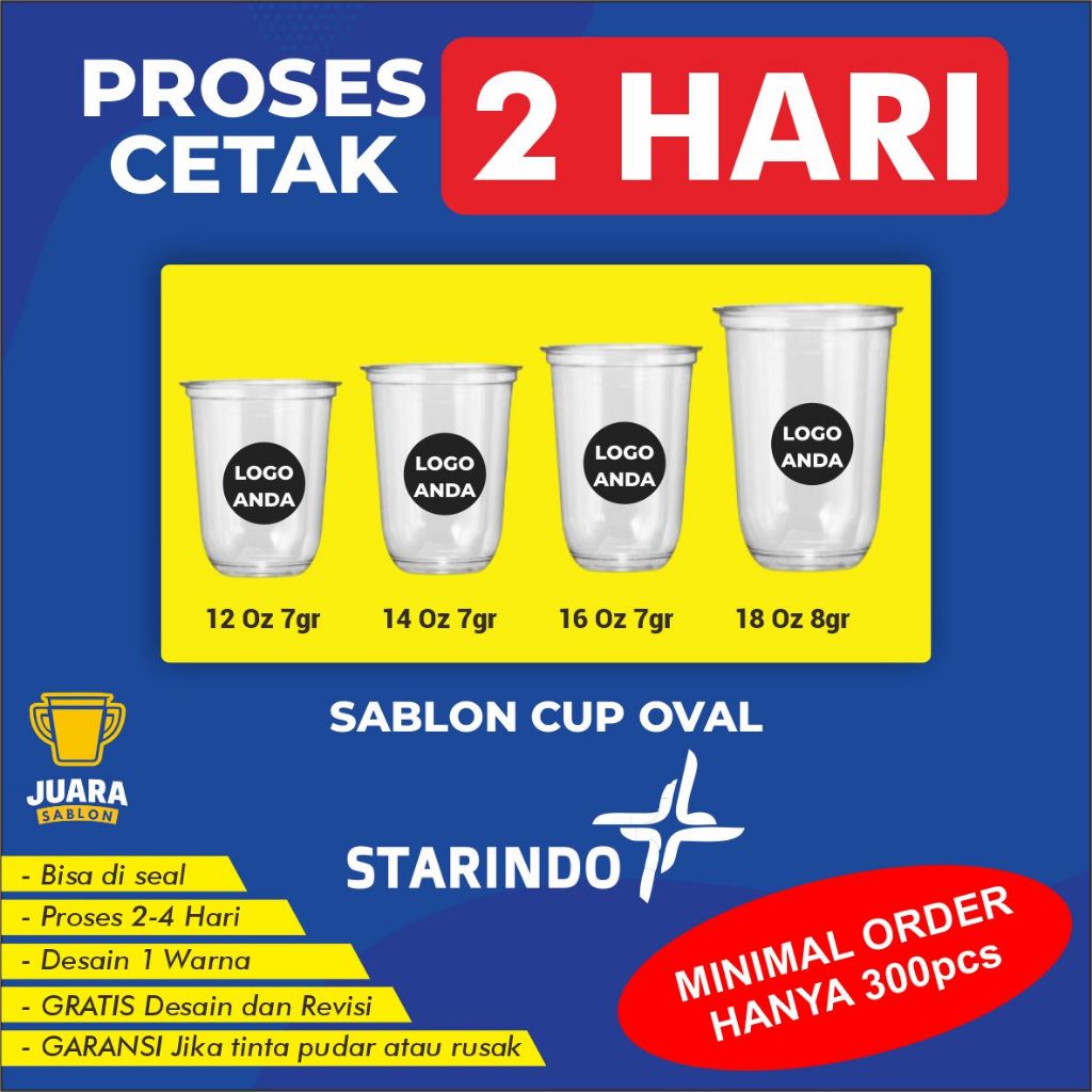 Sablon Cup Oval STARINDO Gelas Packaging Plastik PP Custom 12 Oz, 14 Oz, 16 Oz, 18 Oz Tebal 7-9 Gram