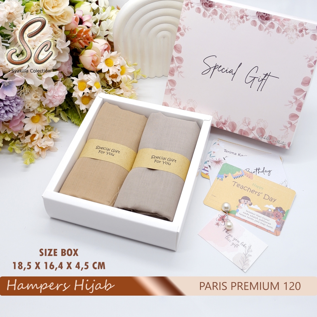 Hampers hijab Paris Segiempat Paris Premium Syar'i | Giftbox kado,hadiah guru,ulang tahun,wedding,wi