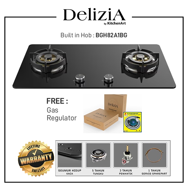 Delizia Built-in Gas Hob / Kompor tanam 2 tungku , 76 cm , Black Glass - BGH82.A1BG + Free Regulator