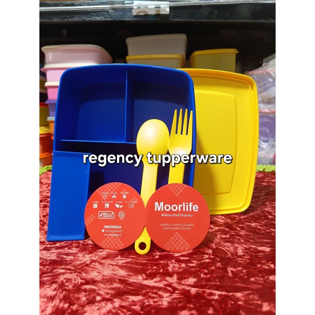 set kotak bekal makan siang Moorlife Qiana berwarna biru dan kuning ukuran : 1,1 liter