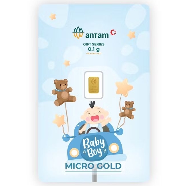 KADO LAHIRAN BAYI LAKI-LAKI BIRU EMAS 0.1 GRAM ANTAM GAMBAR MOBIL BONEKA LOGAM MULIA 0,1 GR NEW BORN