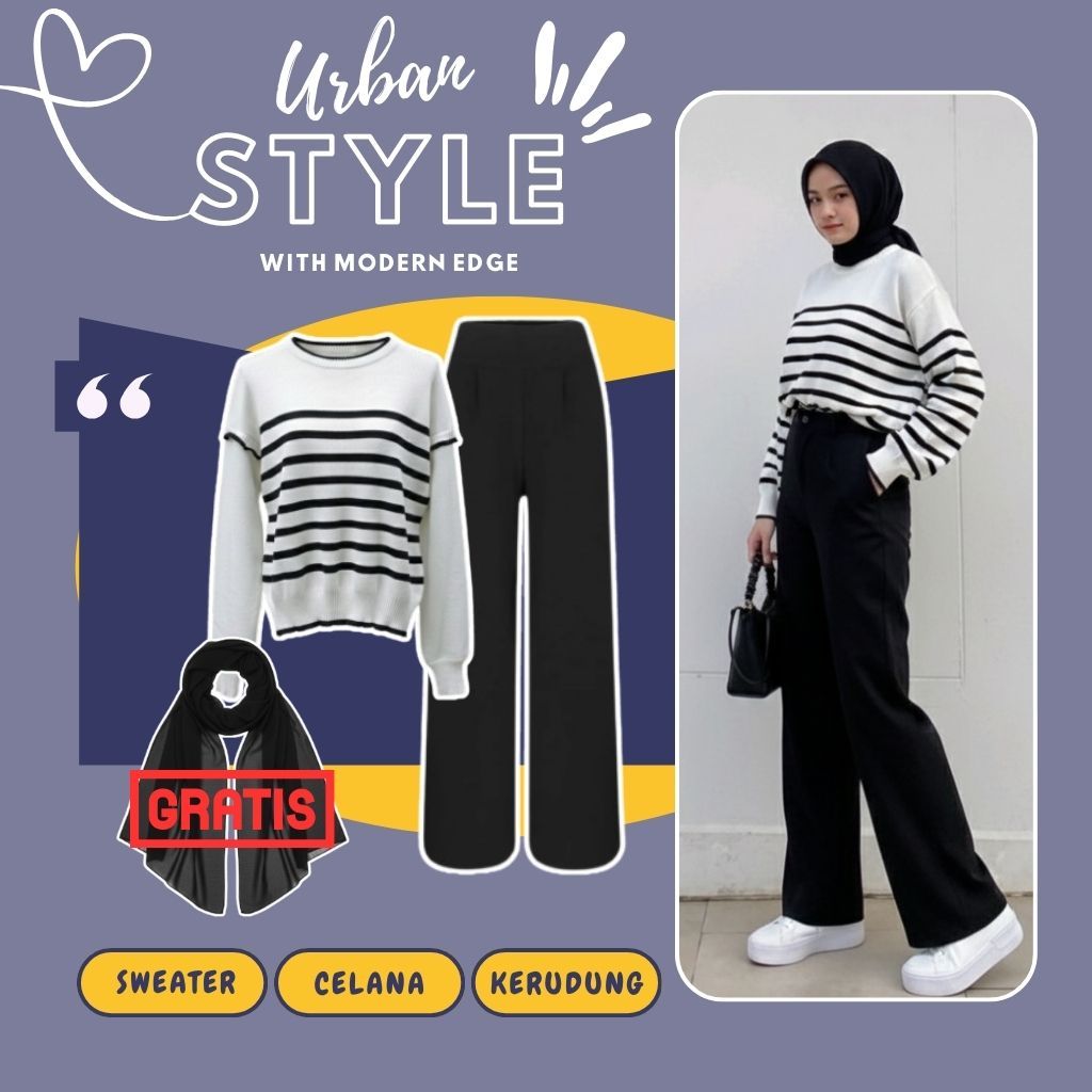 Outfit Wanita One Set Korean Style ( Sweater Rajut Stripe + Celana Scuba + Hijab ) Ootd Remaja - 029