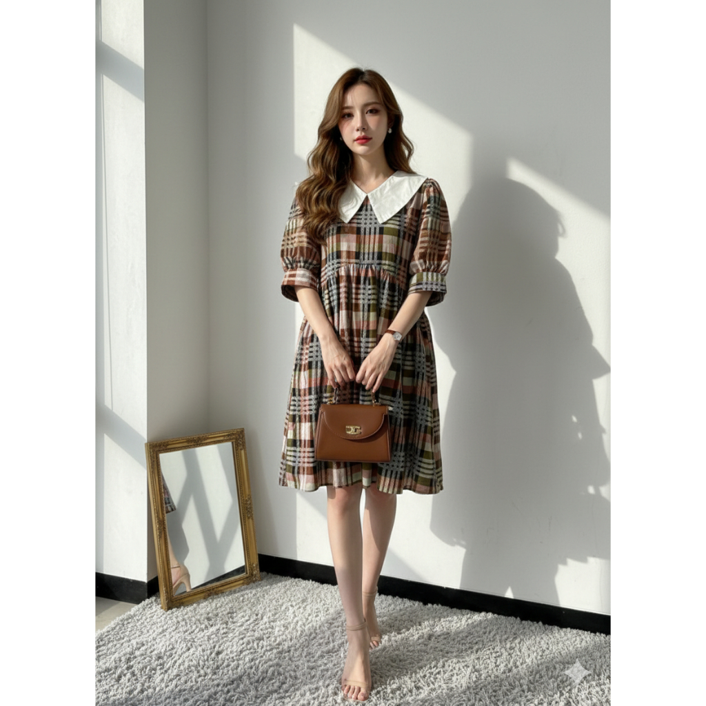 Dress Jolliedolly  Wanita Motif Kotak  kerah putih  – Midi Dress Casual Kekinian