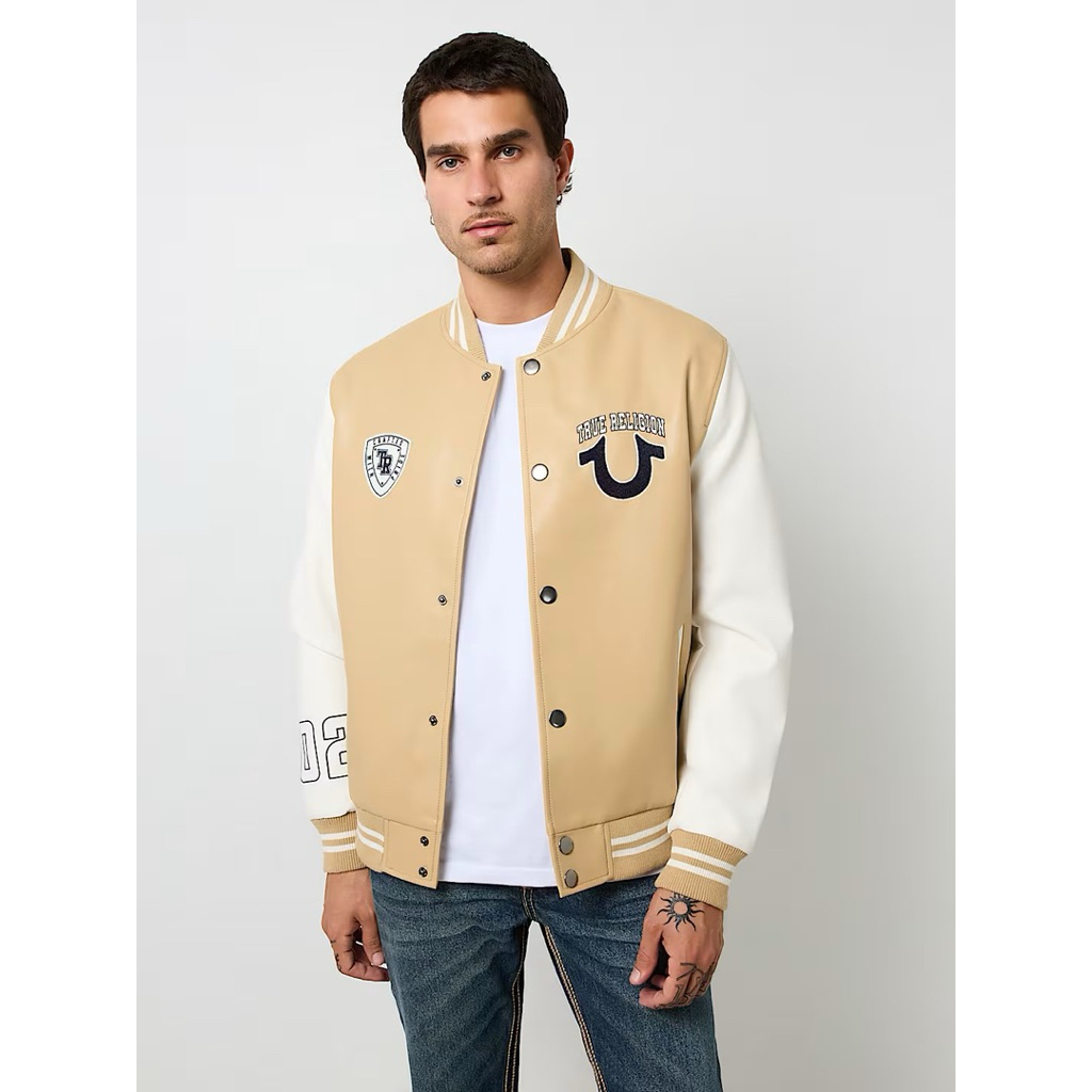 TRUE RELIGION - TR - TRUE LOGO PATCH VARSITY JACKET KHAKI L