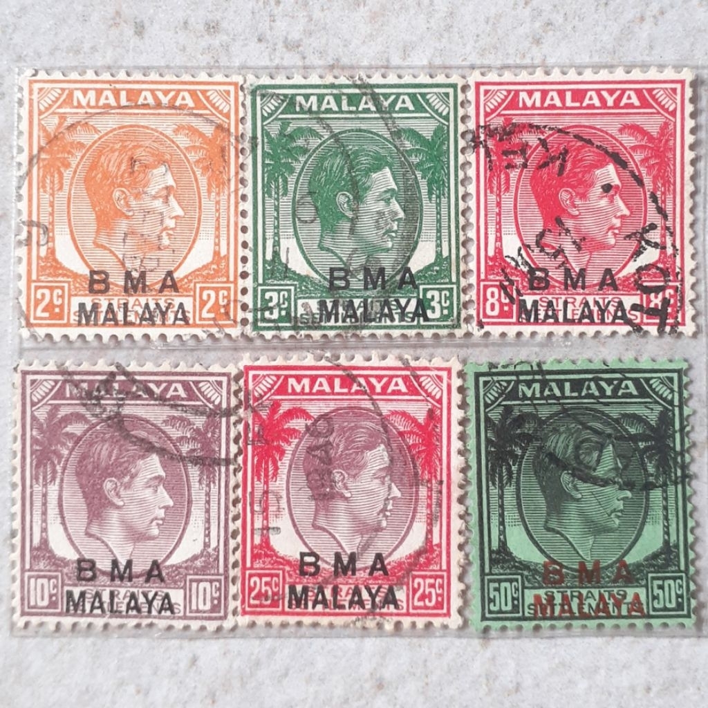 (O1) Perangko Malaya, Administrasi Militer Inggris Overprinted "B.M.A. Malaya" Tahun 1946-1947 set 6