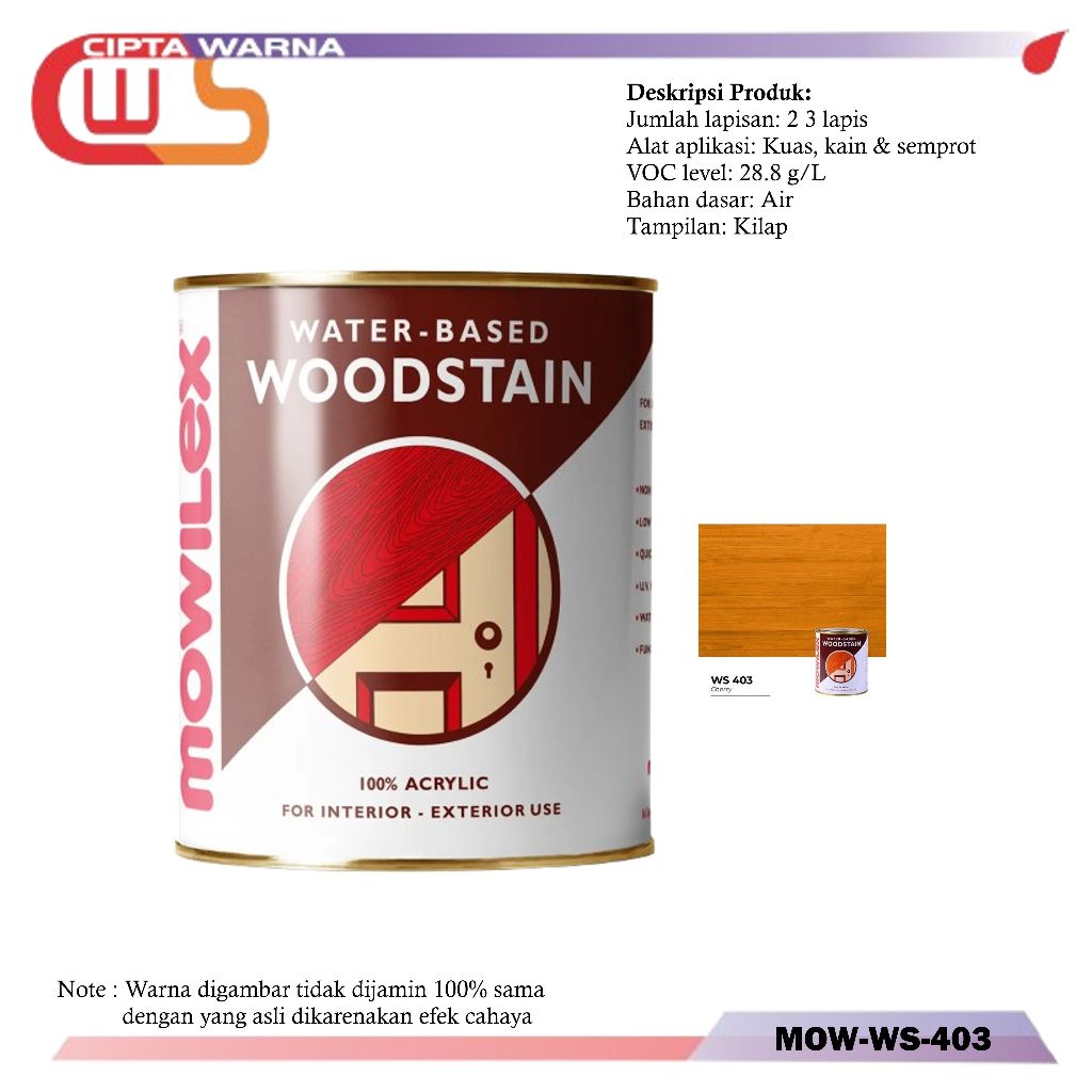 Mowilex Woodstain WaterBased Cat Pelapis Kayu Warna Cherry 403 1 Liter - B5 CWS