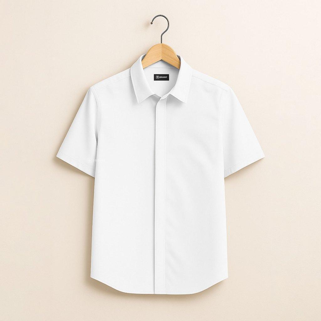 BROGUY Kemeja Zipper Pria Simple Lengan Pendek - White