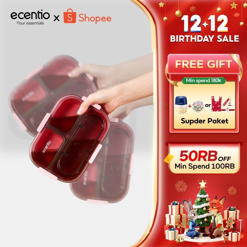 ecentio lunch box 2.0 anti tumpah 1100ml 3 gird anti tumpah BPA tidak campur Bau wanita muda kantor 