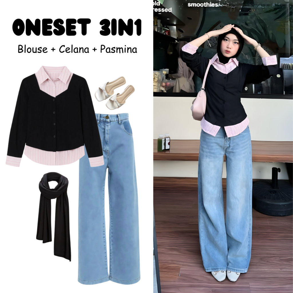 one set 3in1 blouse kemeja wispie rib celana jeans pasmina jersey | outfit perempuan wanita cewek oo