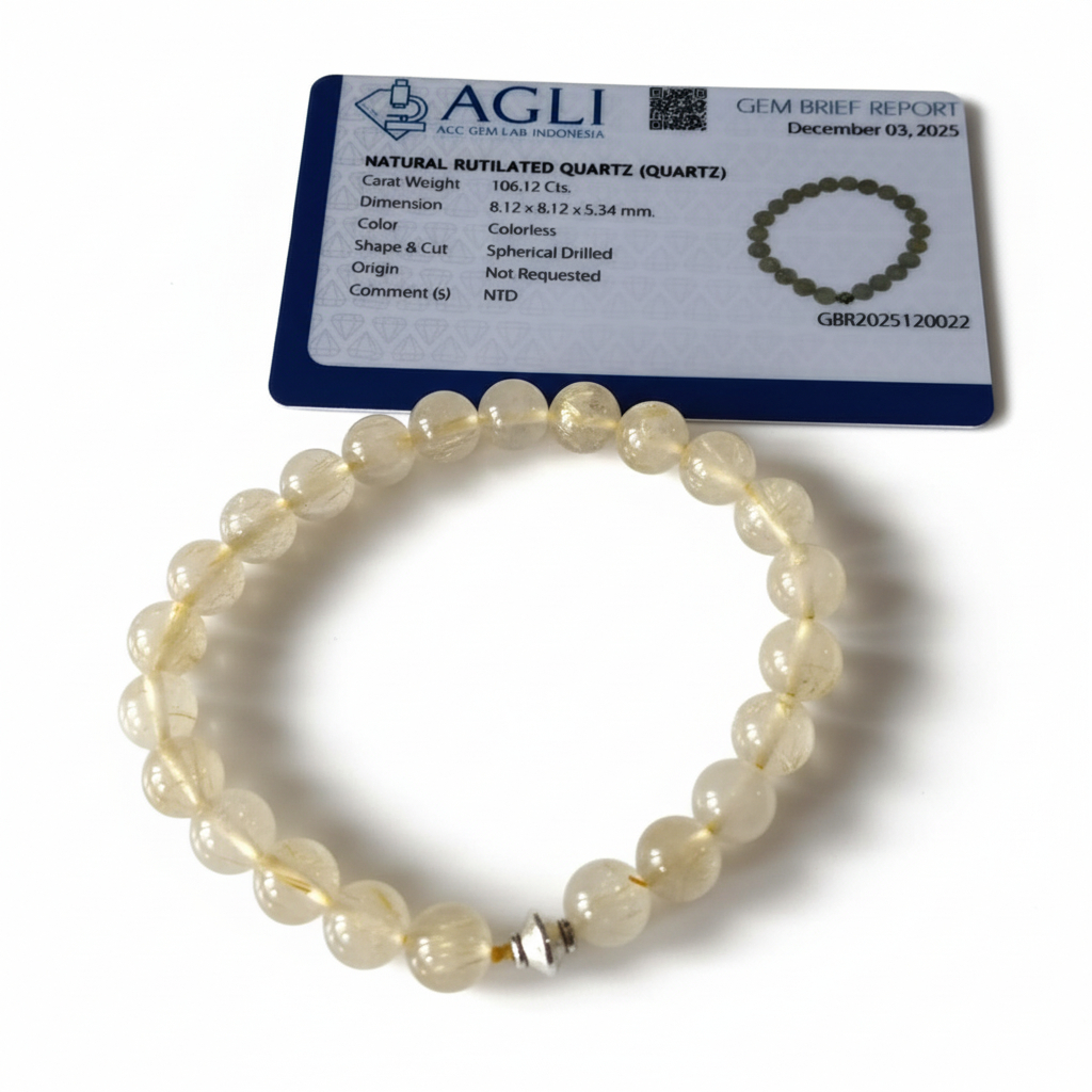Gelang Natural Golden Rutilated Quartz 8mm - Sertifikat AGLI - Rambut Sedana Asli NTD