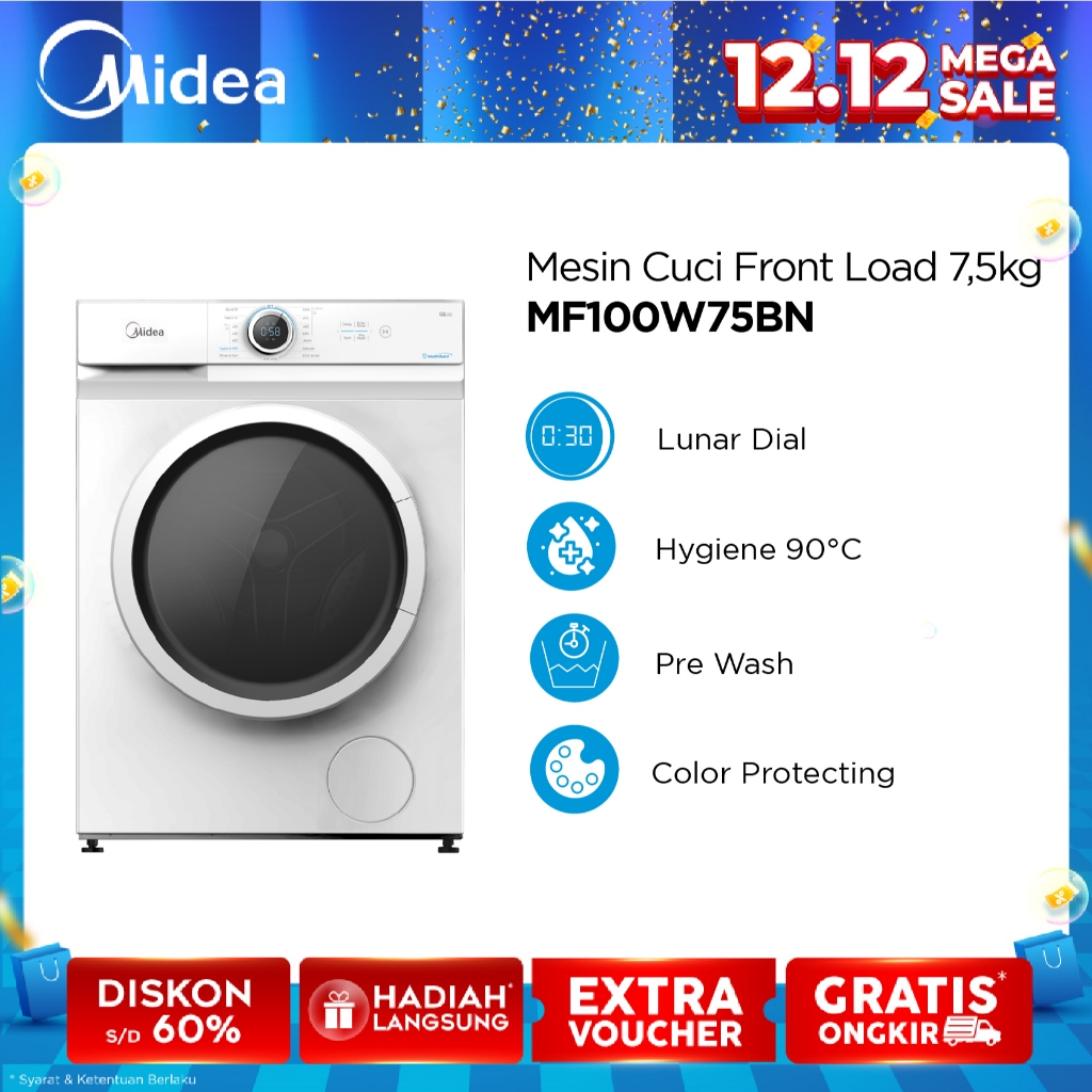 [TERMURAH] Midea Mesin Cuci Front Loading Model  MF100W75/  MF100W85BN /MF100W95BN - Bukaan Depan