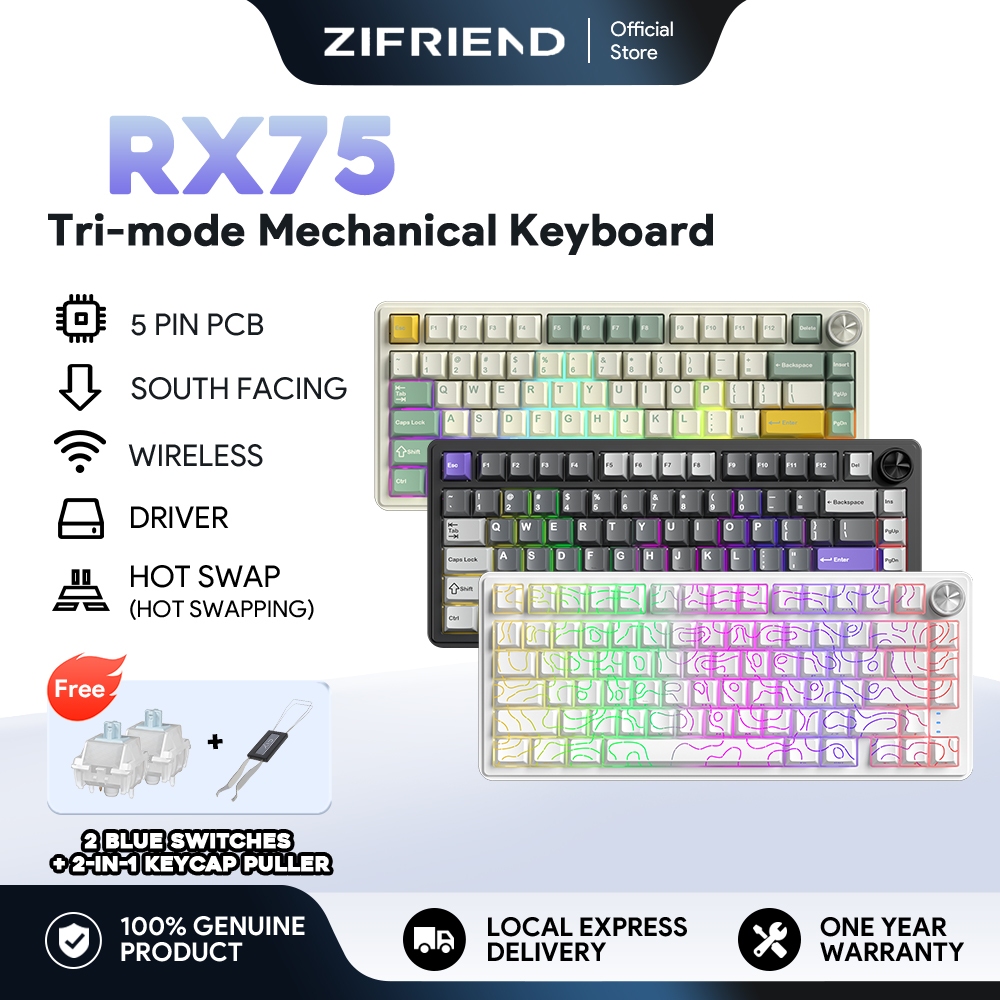 ZIFRIEND RX75 PRO Gaming Keyboard 5PIN Hotswap Wireless Mechanical Keyboard 75% Layout with Driver