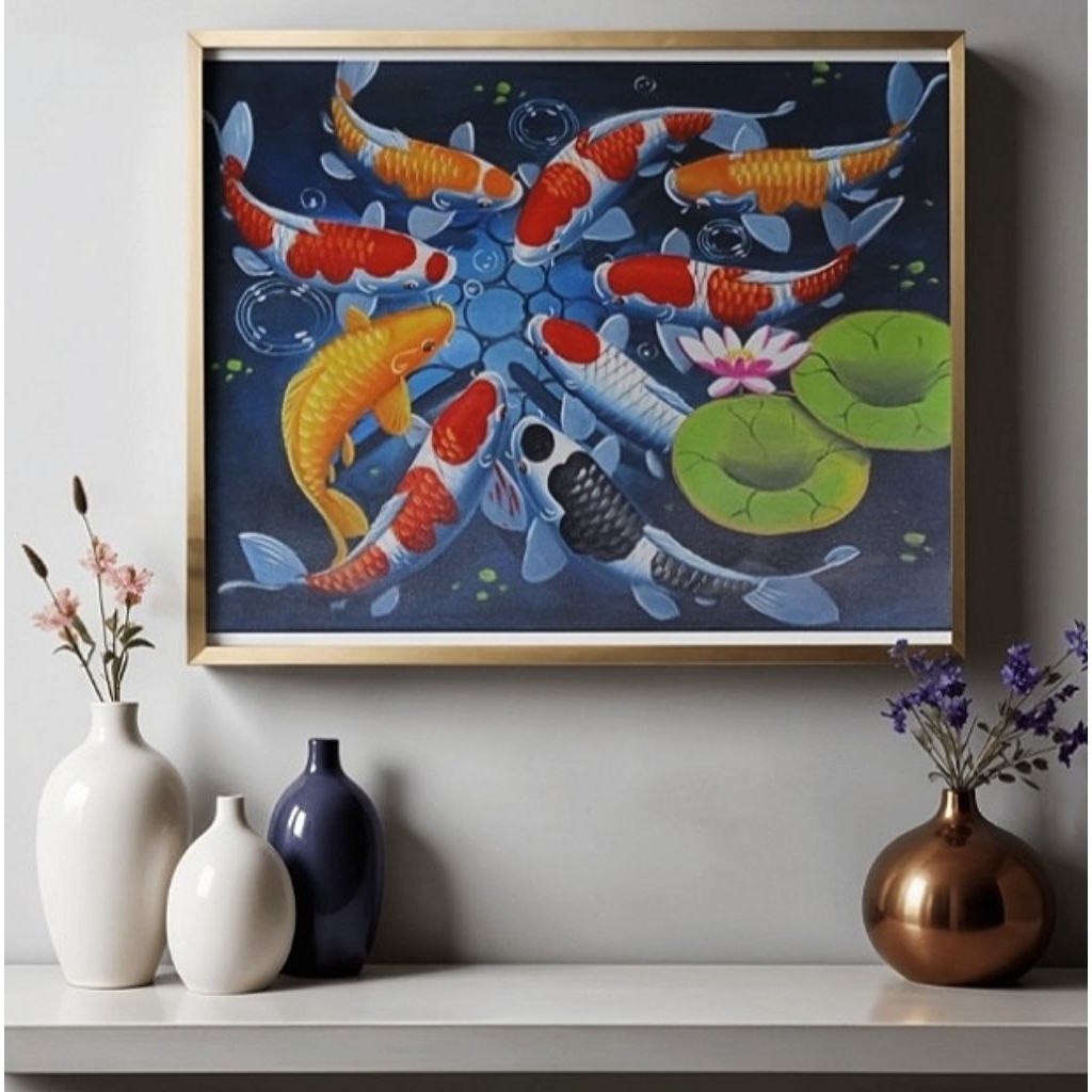 Lukisan asli  ikan koi beserta bingkai pigura ukuran 60cm x 80cm