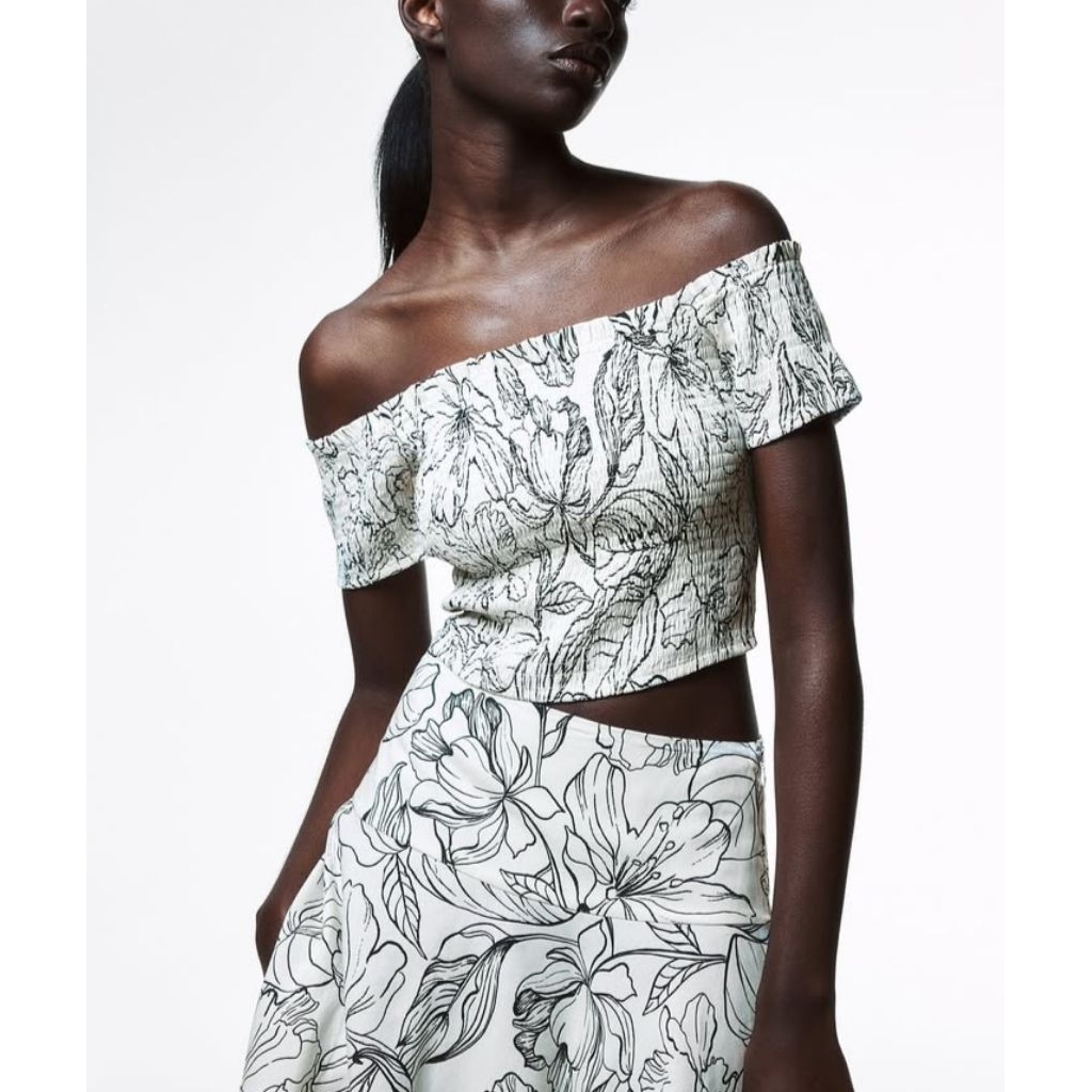 Crop top atasan blouse line Bunga Bunga | crop top putih | baju pantai | baju santai | blouse lucu s