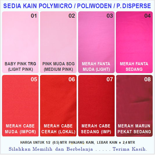 Kain Polymicro Warna Merah Cabe,  Merah Marun (MAROON),  Merah Fanta Sedang, Merah Fanta Muda,  PINK