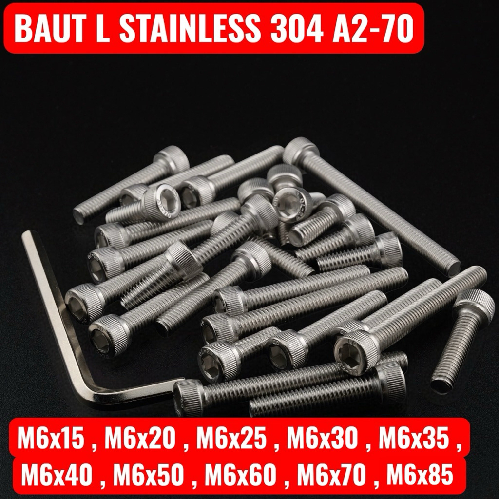 Baut L Hexagon Stainless Stenlis 304 A2-70 Ukuran m6x15 m6x20 m6x25 m6x30 m6x35 m6x40 m6x50 m6x60 m6